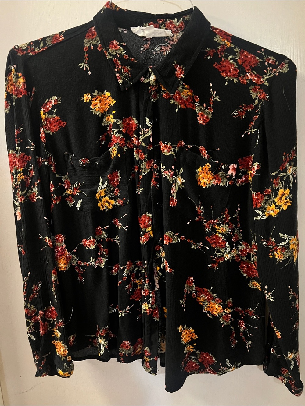 Floral Button-Front Women's Blouse in Black with Red & Yellow Blooms